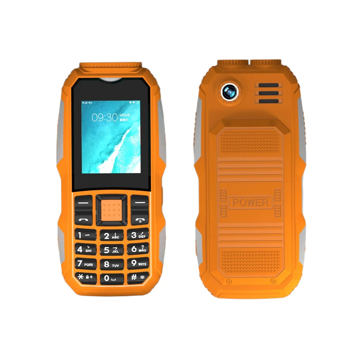 Rugged smartphone with physical keypad in orange, front screen and rear camera lens