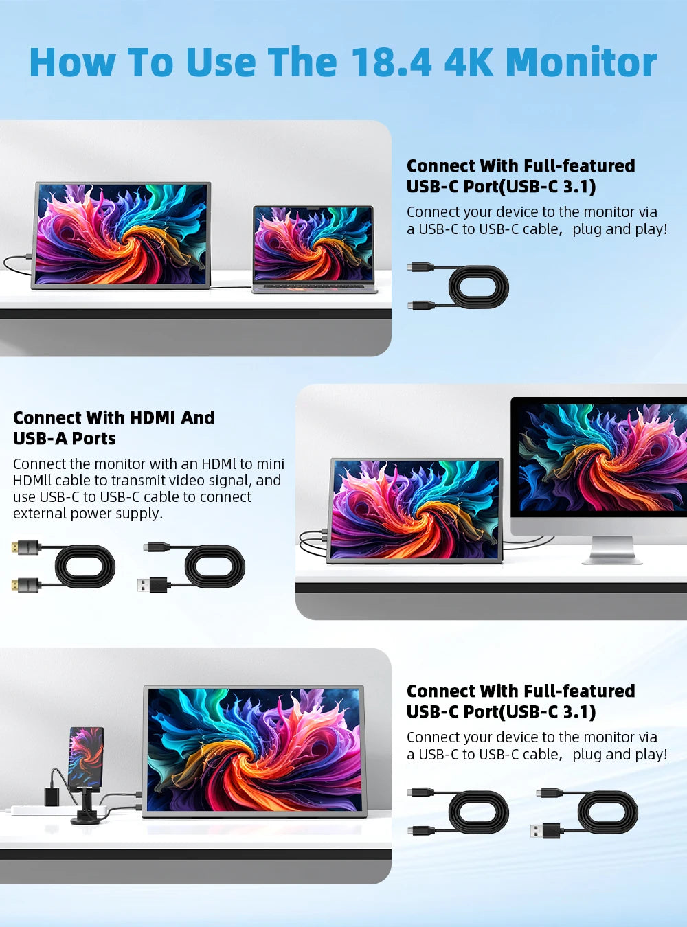 UPERFECT 18.4'' 4K Portable Monitor QLED 100% DCI-P3 UHD FreeSync HDR 2 Speakers Eye Care Travel Gaming Display For PC Phone