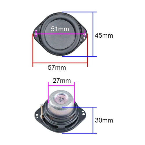 Oval speaker driver pair with size measurements (51mm, 57mm, 45mm, 30mm)