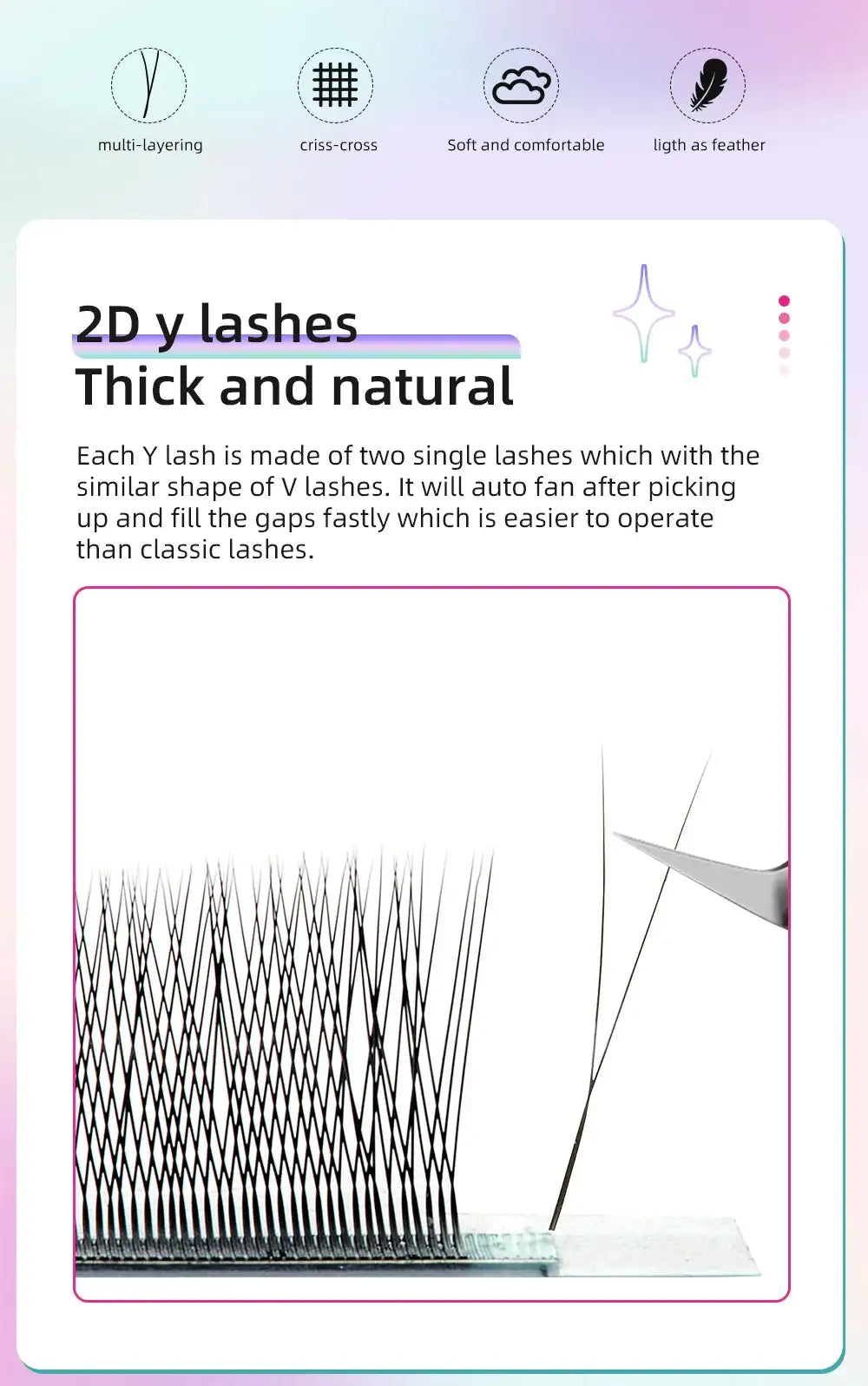 Dark brown 2D Y-lash extensions with criss-cross design, shown on a tray being picked up by tweezers.