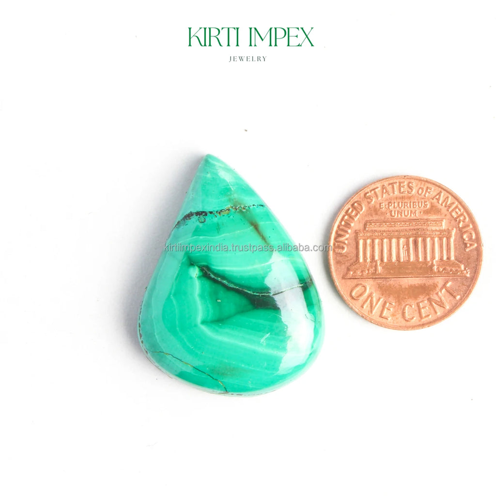Single green malachite teardrop cabochon with natural veining, loose gemstone bead