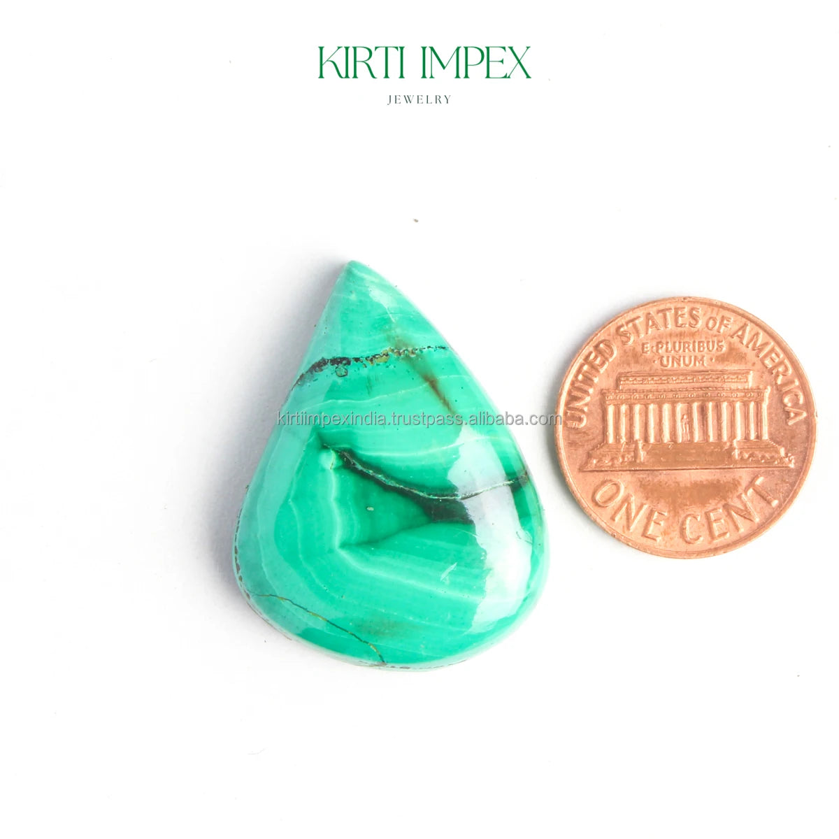Single green malachite teardrop cabochon with natural veining, loose gemstone bead