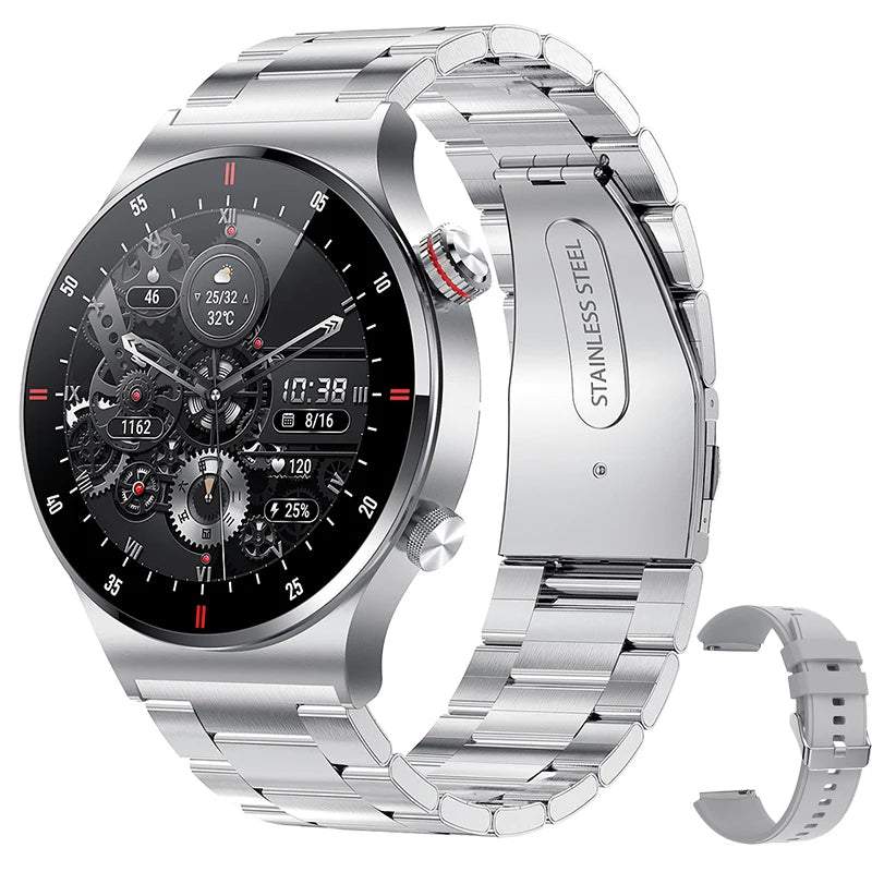 Men's stainless steel smart watch with black dial and silver metal link bracelet