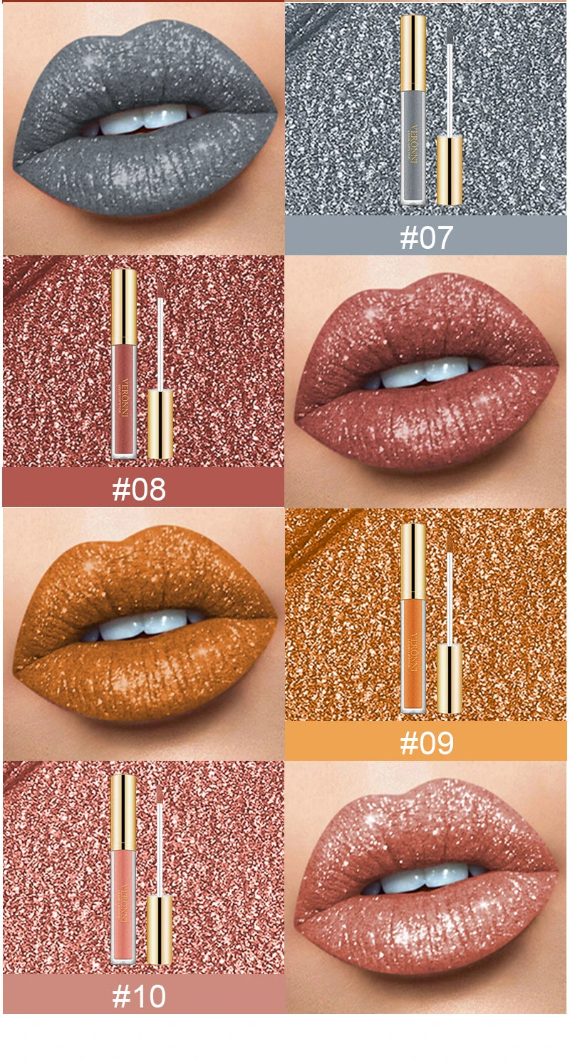 Waterproof diamond shimmer liquid lipsticks in 10 glittery shades with a long-lasting matte pearl finish on lips.