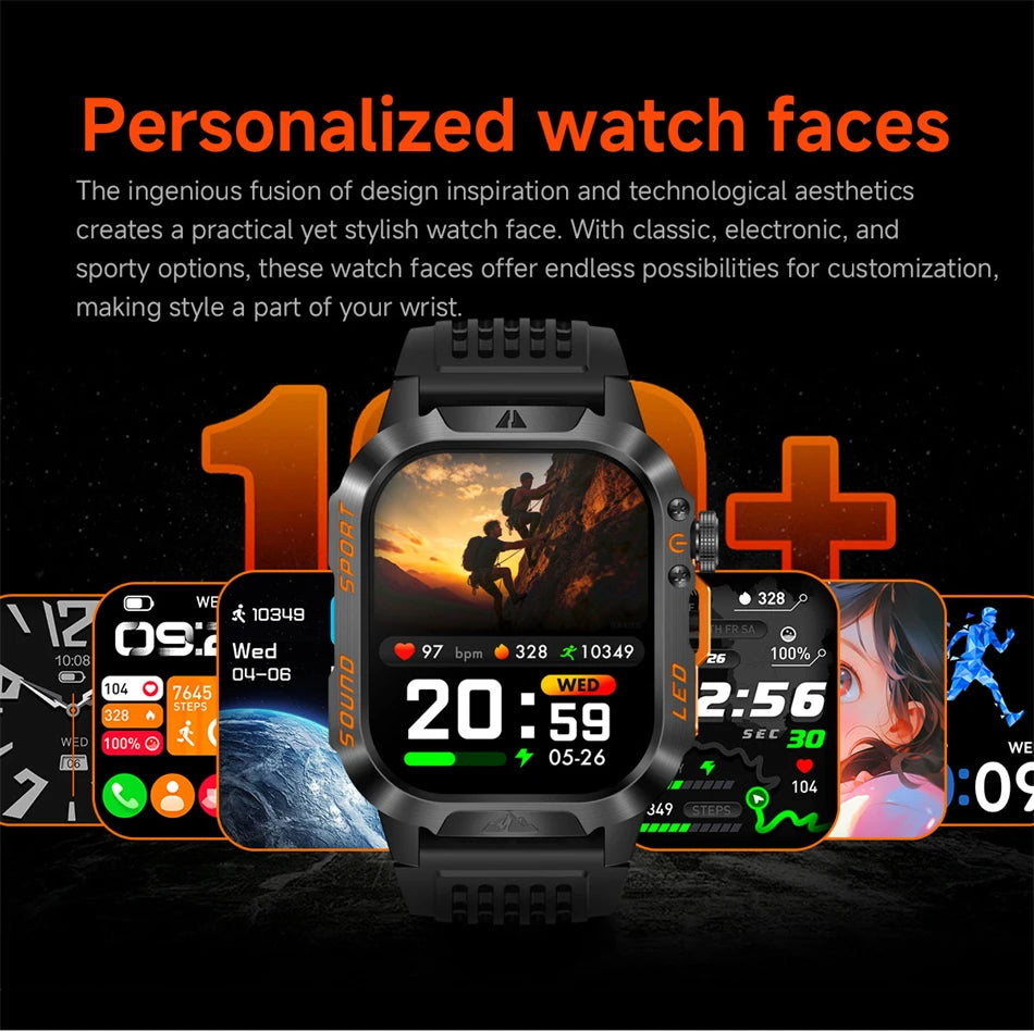 New 1200 mAh Battery Rugged Military Smartwatch Men 5ATM Waterproof Fitness Tracker Health Monitor 100+Sports Call Smart Watches