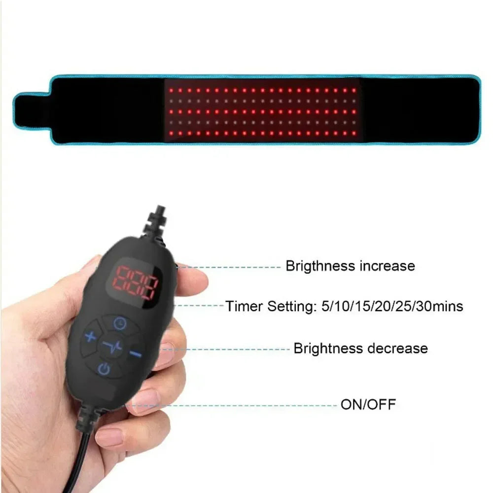 Red and infrared LED light therapy belt for pain relief, featuring a digital controller with timer and brightness keys.