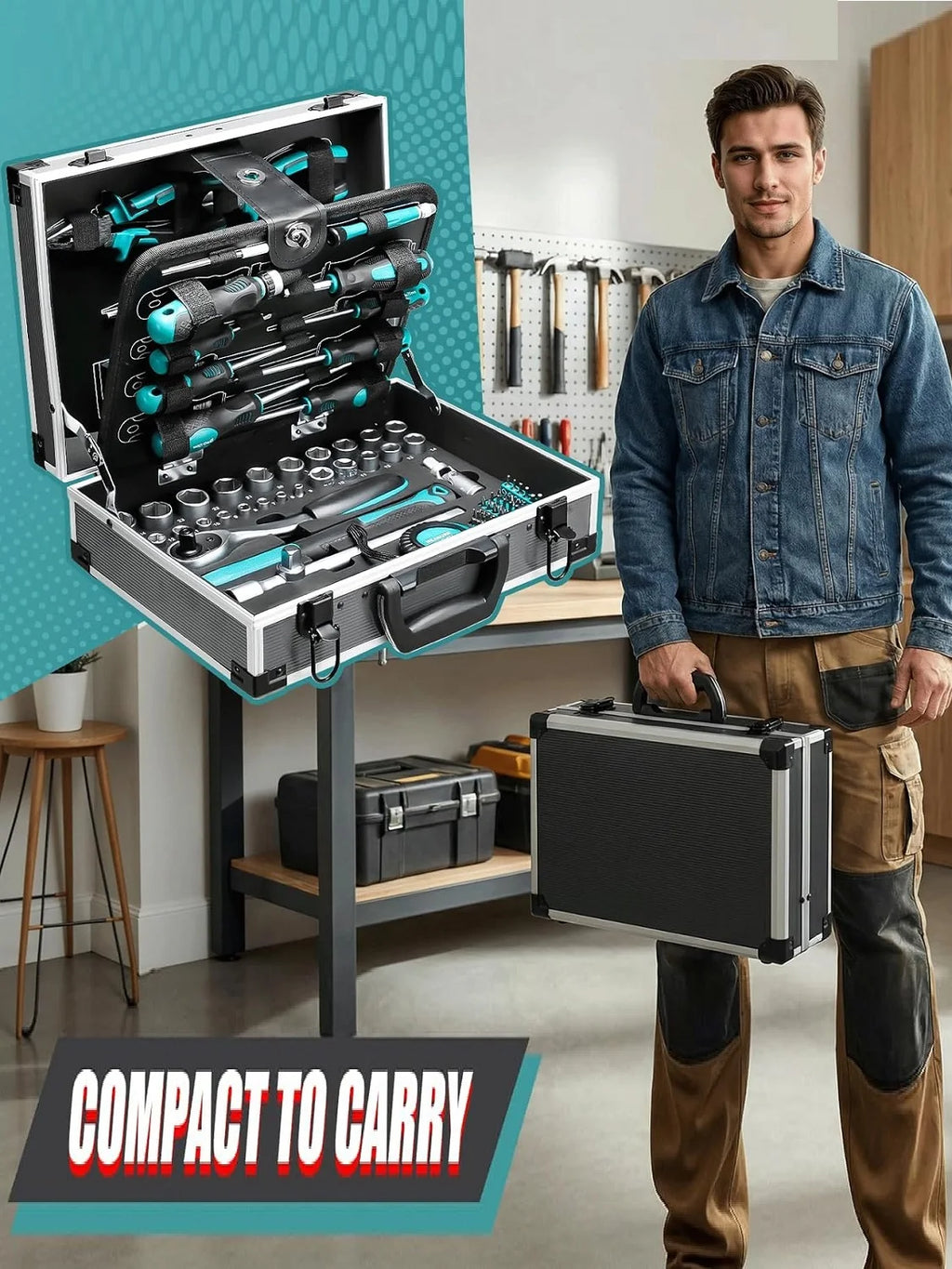 Aluminum Tool Case Filled with 122-piece Tool Set | Workshop Case Equipped w/ Wrenches, Hammer, Pliers, Screwdrivers, Toolbox
