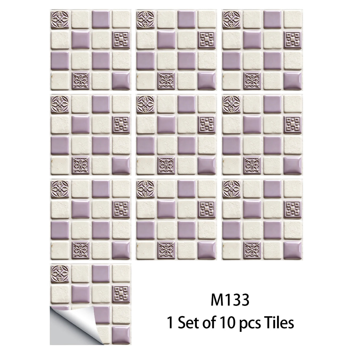 10-piece mosaic tile sticker set in white and lavender with medallion and grid-detail squares
