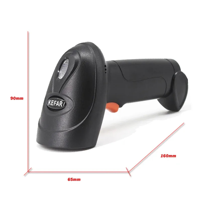 KEFAR H4W wireless handheld 2D barcode scanner, side view with orange scan light