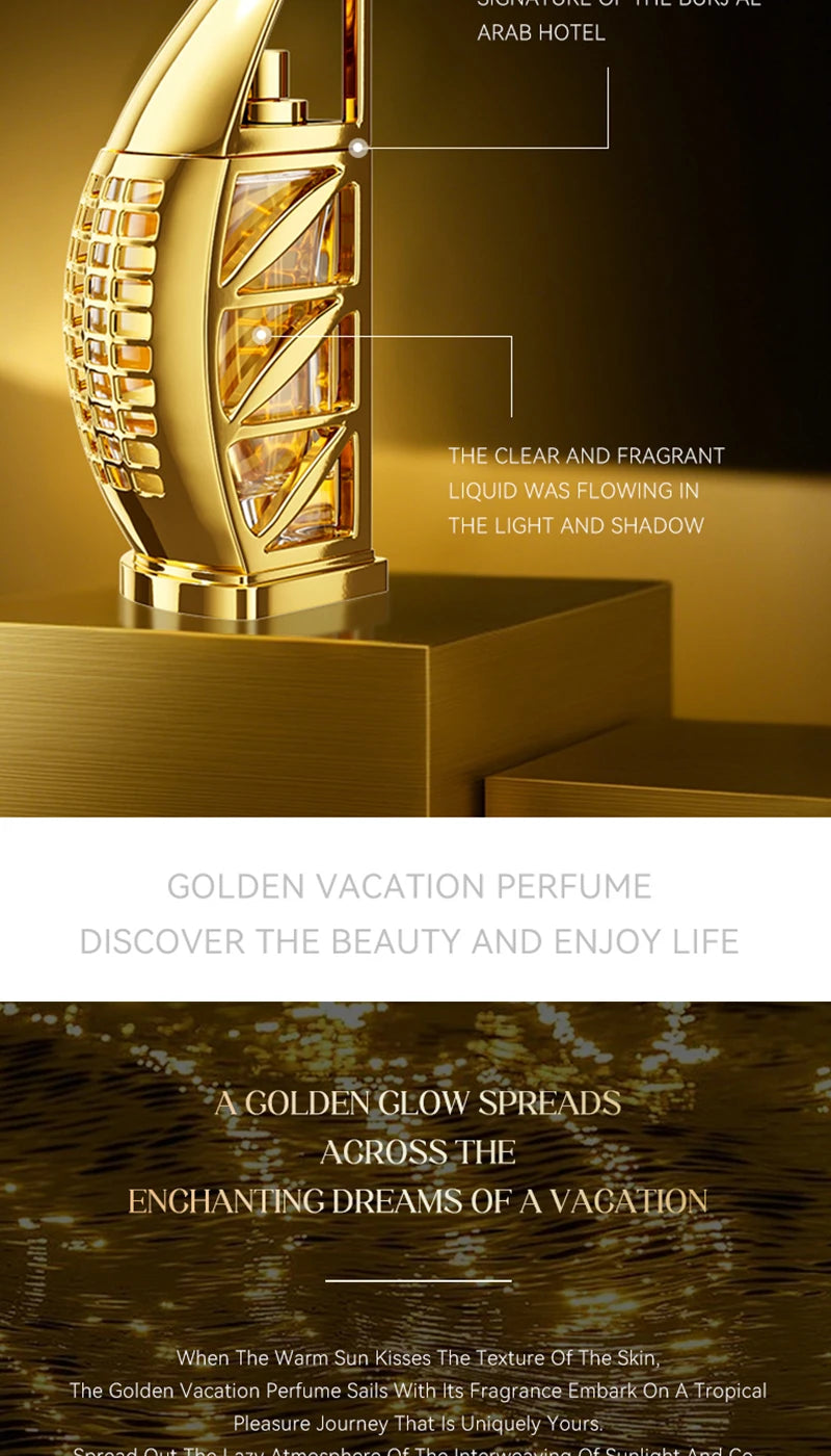 MORAKOT Golden Vacation unisex 75ml EDT. Fresh scent in a luxury gold Burj Al Arab-inspired bottle for men and women.
