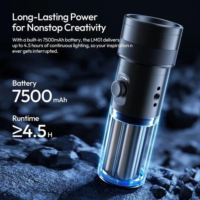 Matte black LM01 cylinder LED light for photography with a transparent base, dial control, and tripod mount.