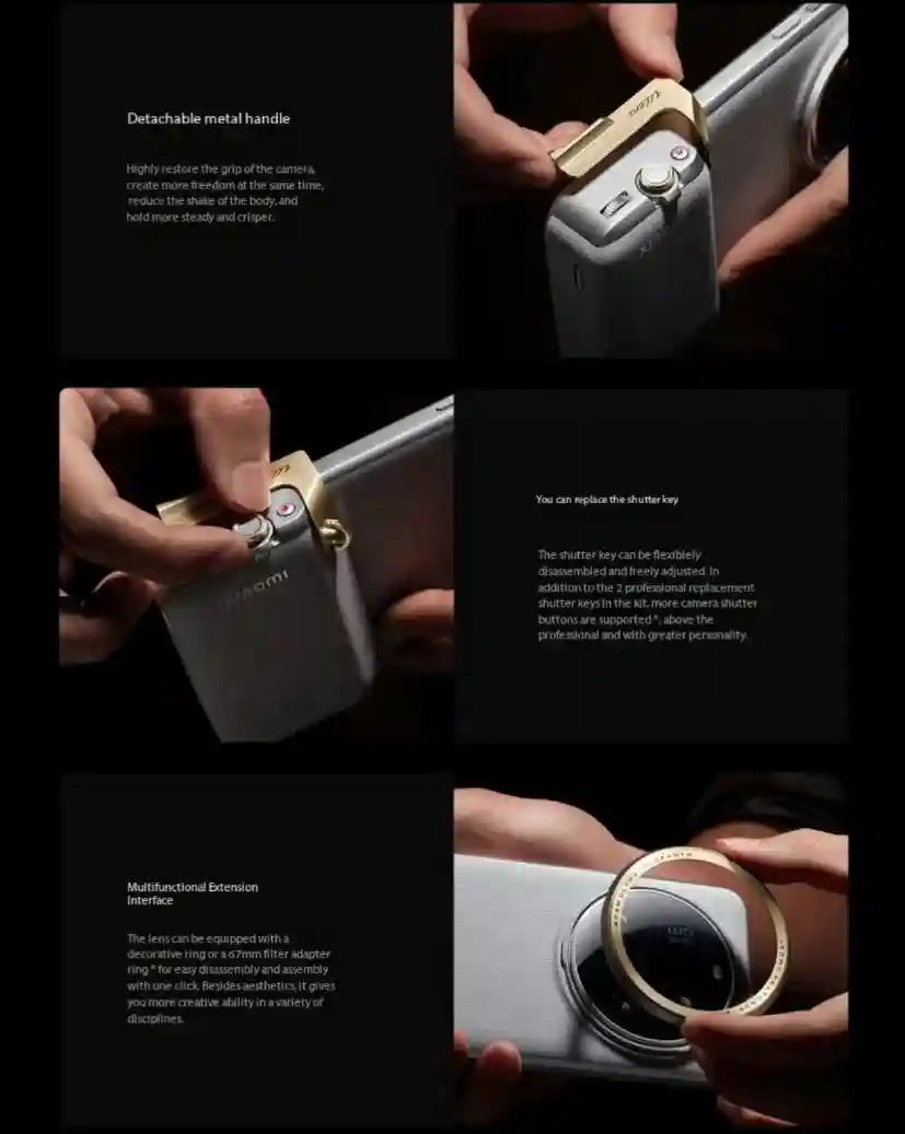 Smartphone camera photography kit with gold detachable metal handle, replaceable shutter button, and filter adapter