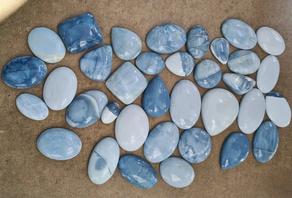 Natural blue opal cabochon gemstones, mixed ovals and square shapes, assorted sizes