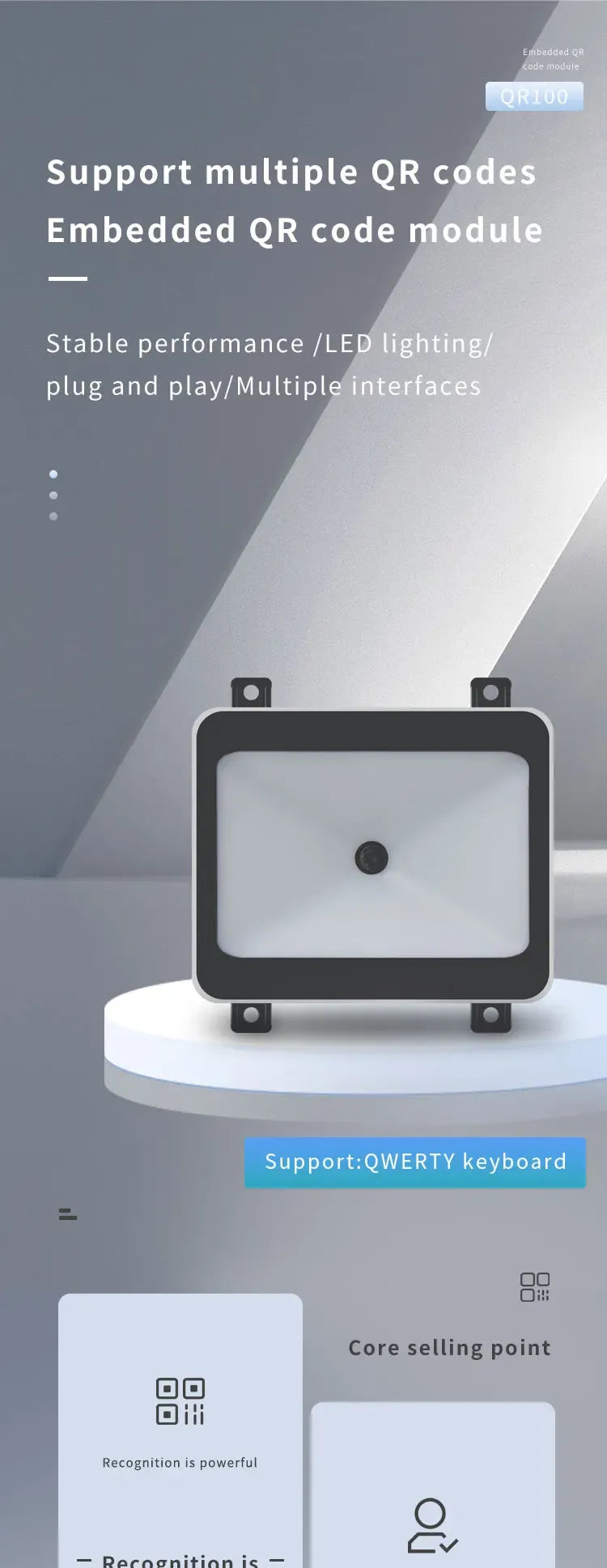 Embedded QR code reader module with front lens and top mounting bracket