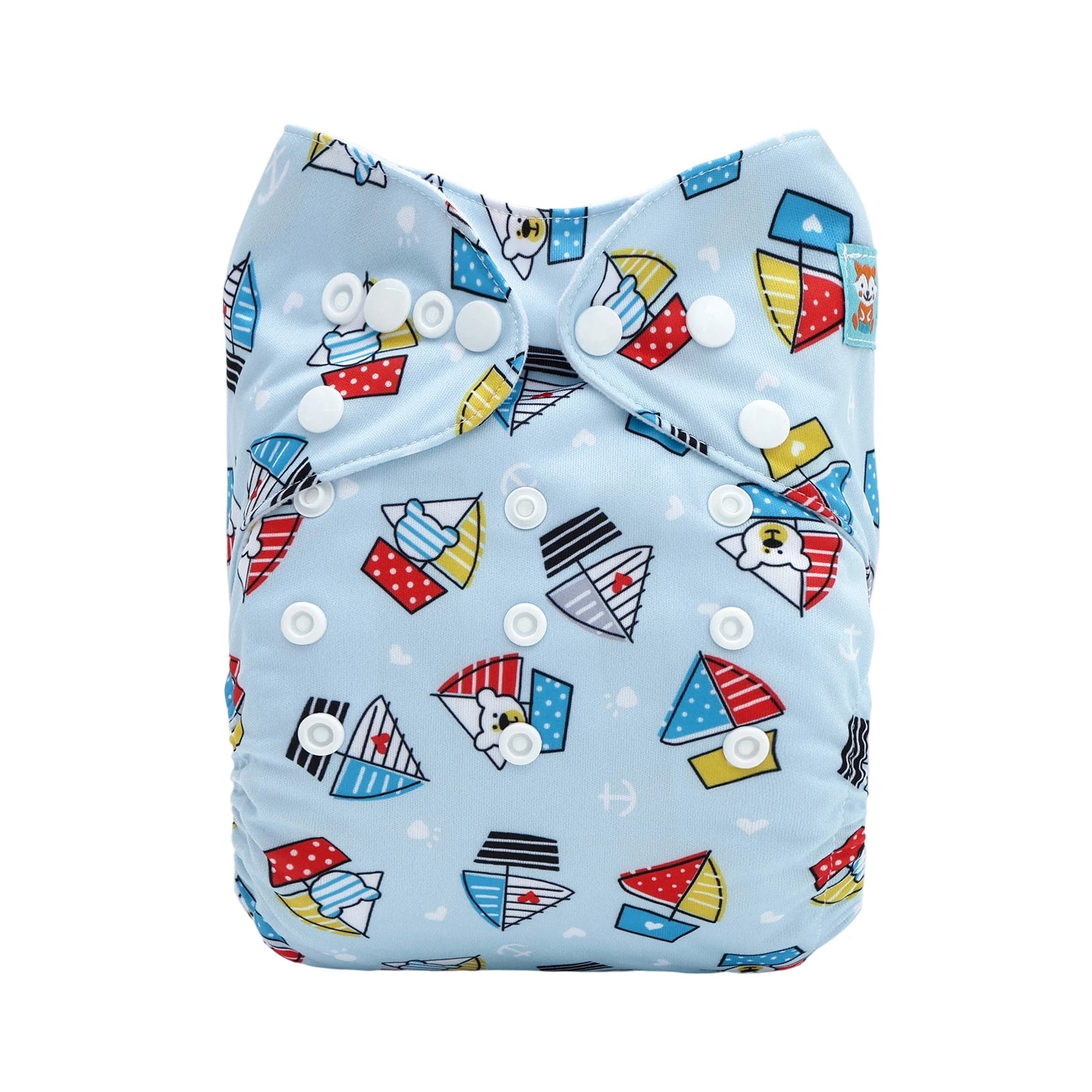 Reusable cloth baby diaper with adjustable snaps and cute blue sailboat pattern. Eco-friendly baby care essential.
