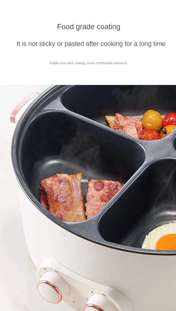Electric hot pot inner nonstick liner with food pieces in multiple compartments