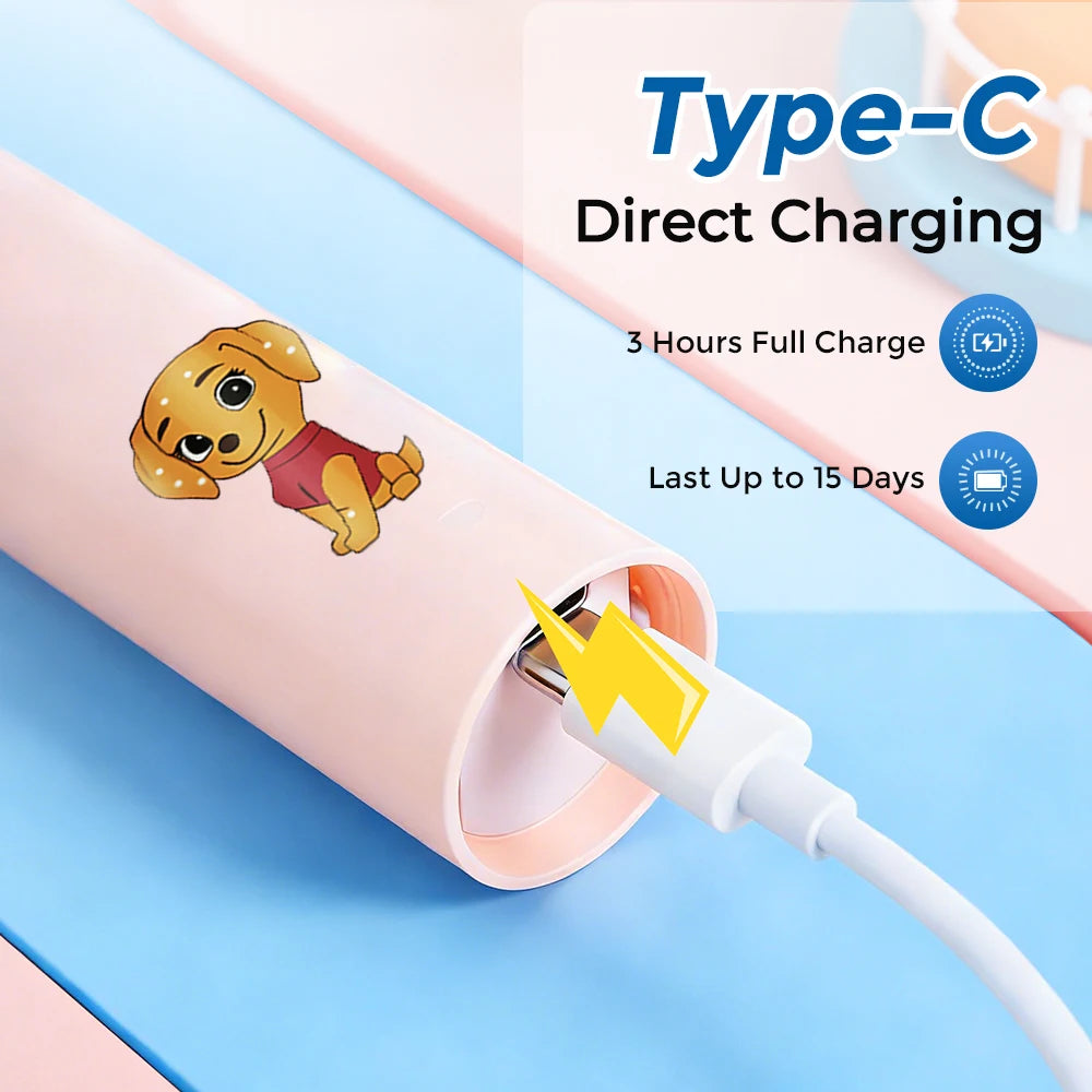 Children's Electric Toothbrush with 4 Replacement Heads Cartoon Kids Electric Toothbrush 5 Cleaning Modes Round Head Rotating