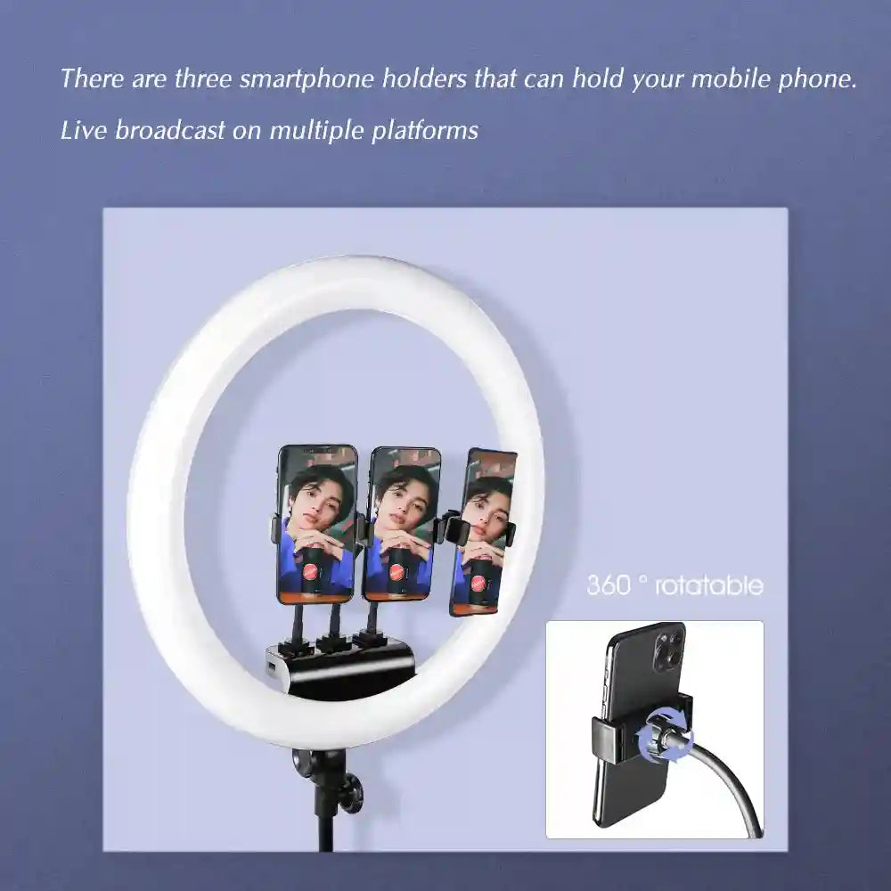 Ring light with three 360-degree rotating black smartphone mounts for simultaneous live streaming.