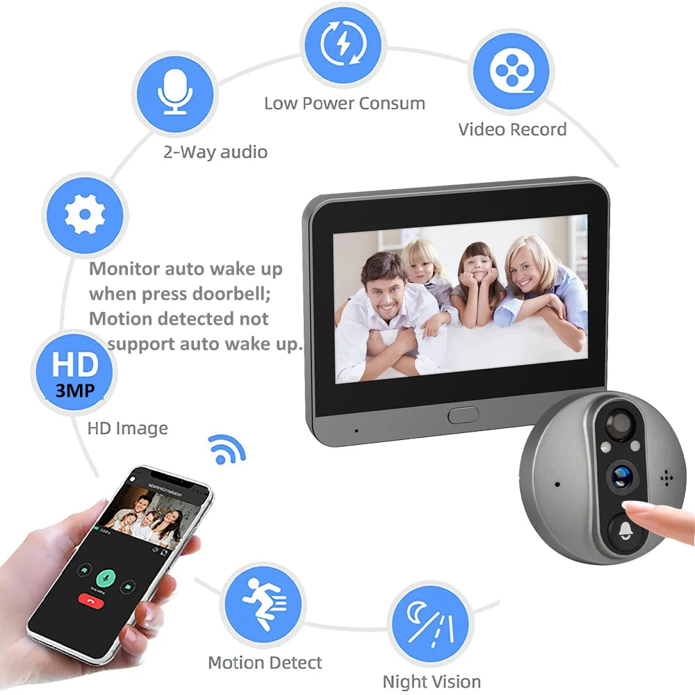 3MP Wi-Fi Tuya SmartLife Battery Powered 940nm No Visible Light Infrared Audio Video Door Eye Digital Viewer PIR Doorbell Camera