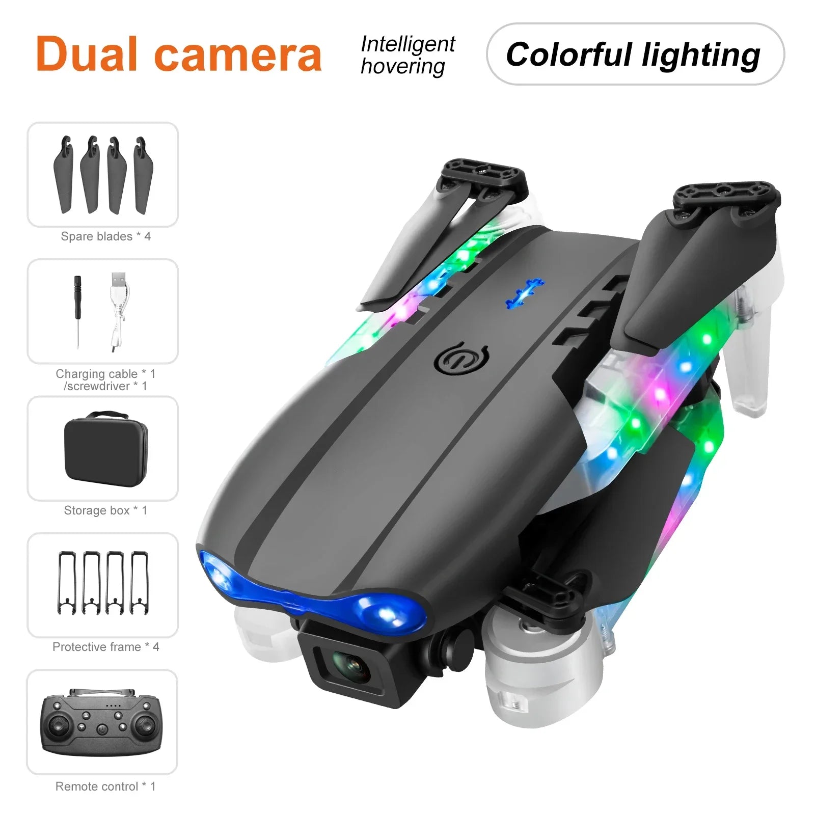 Black foldable quadcopter drone with colorful LED lights, dual cameras, remote control, and spare parts accessories.