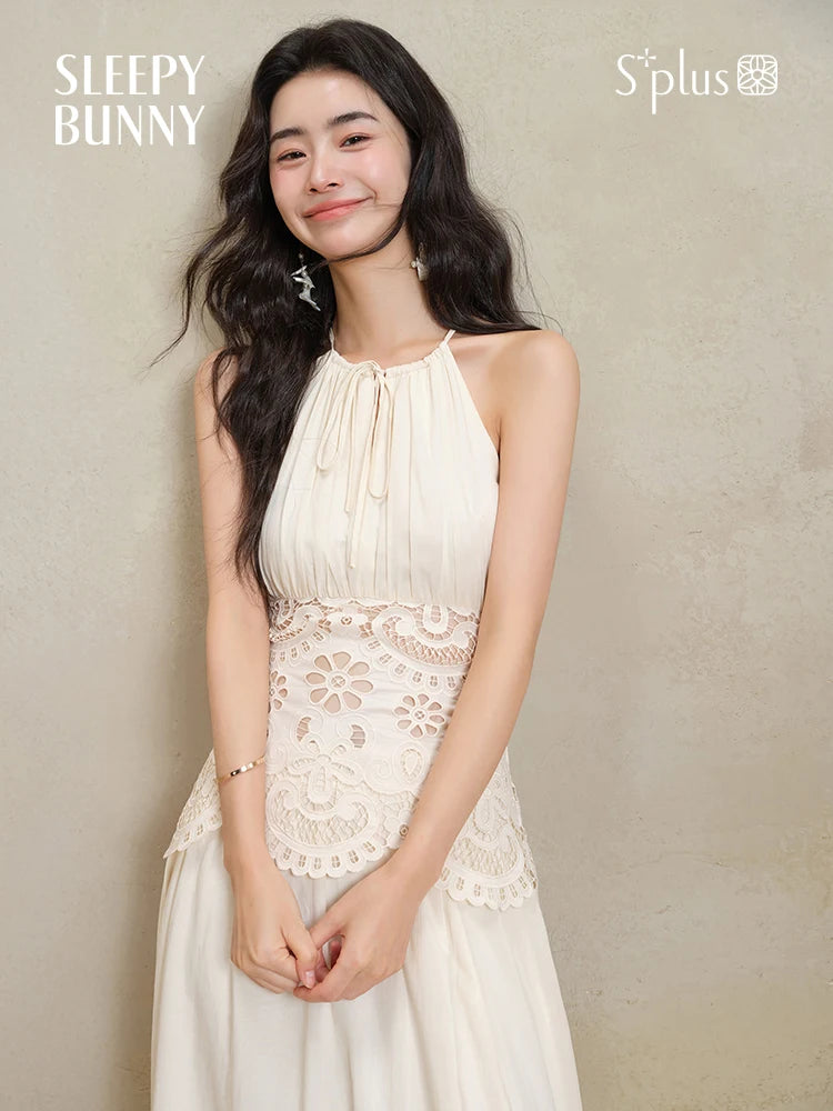 Lace Halter Maxi Dress Women Summer A-Line Slim Fit French Style Elegant Long Dress Hollow Out Sleeveless Fake Two-Piece Outfit