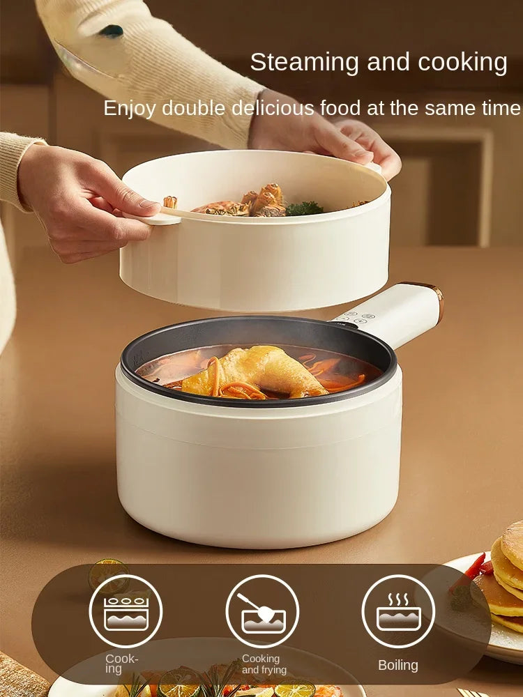White multi-cooker pot with lid open showing cooking area and steaming and boiling icons