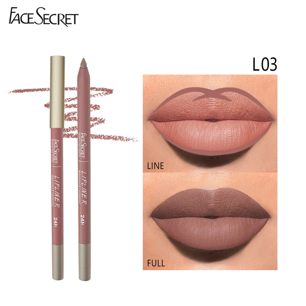 Face Secret waterproof long-lasting velvet matte lip liner pencil in L03 shade, showing lip lining and full coverage.