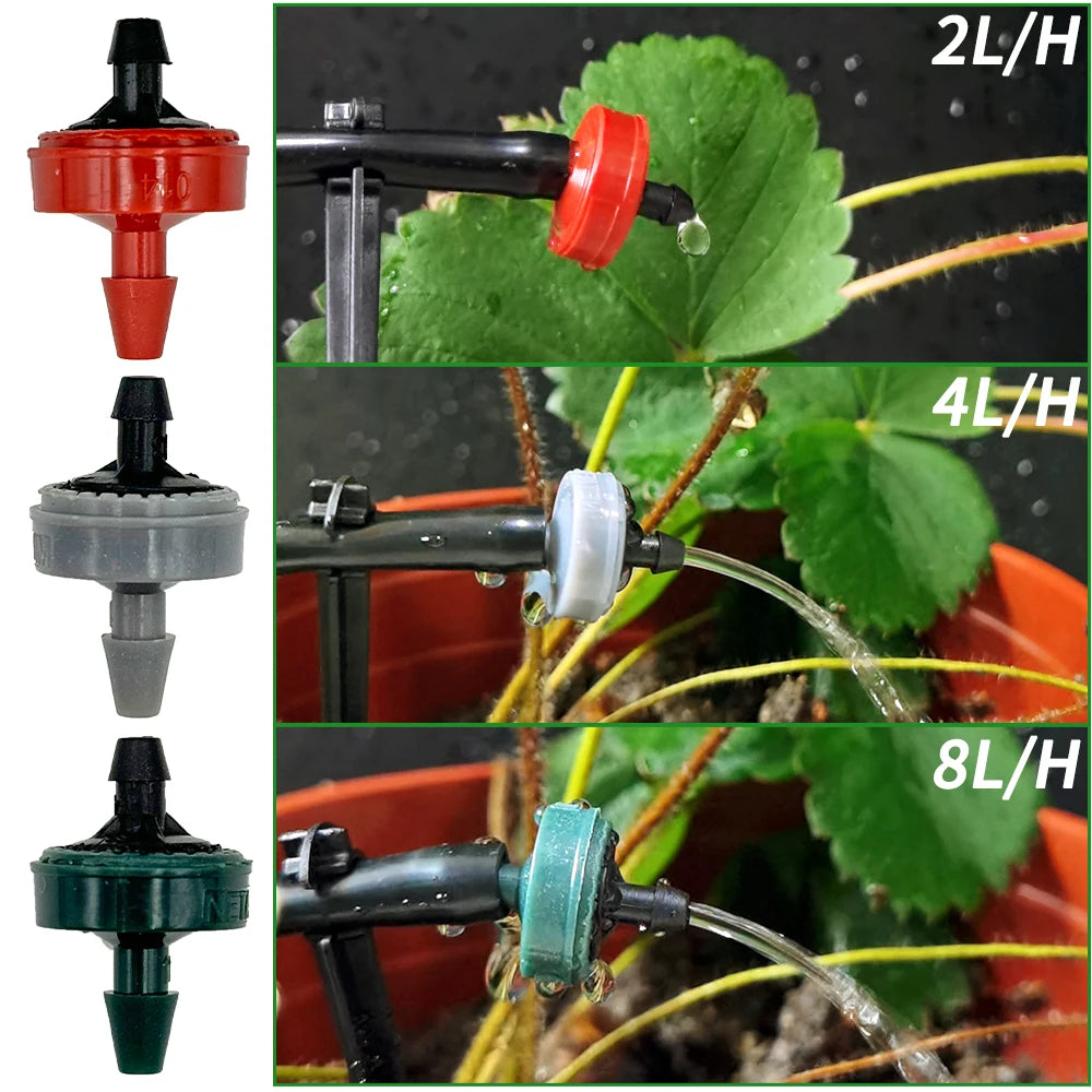 Pressure-compensating drip drippers in red, gray, and green with stem and outlet tops