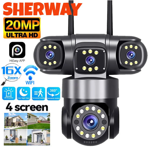 Tidesmit 10K 20MP 4-lens outdoor WiFi security camera with 360-degree view and 16X zoom for smart surveillance.