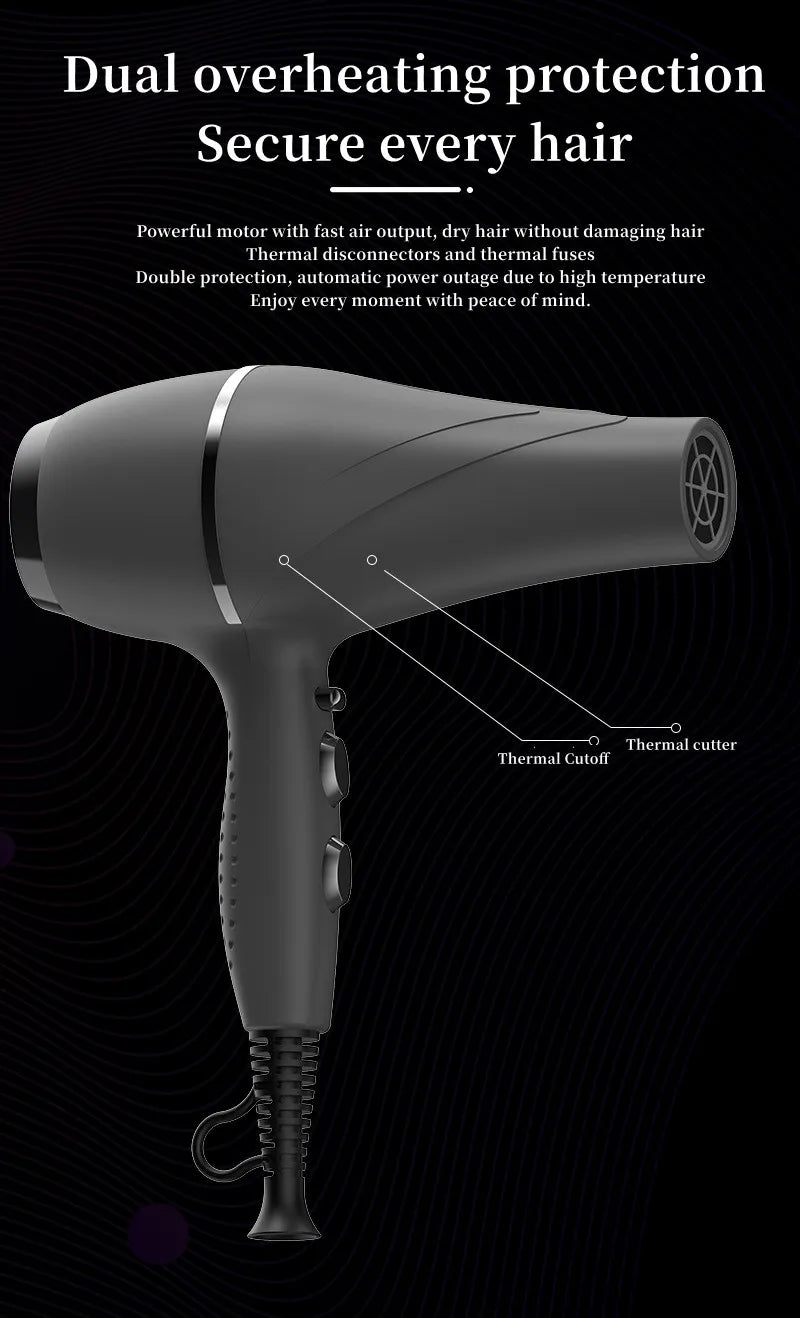 2400W professional matte black salon hair dryer with dual thermal overheat protection for safe, fast drying.
