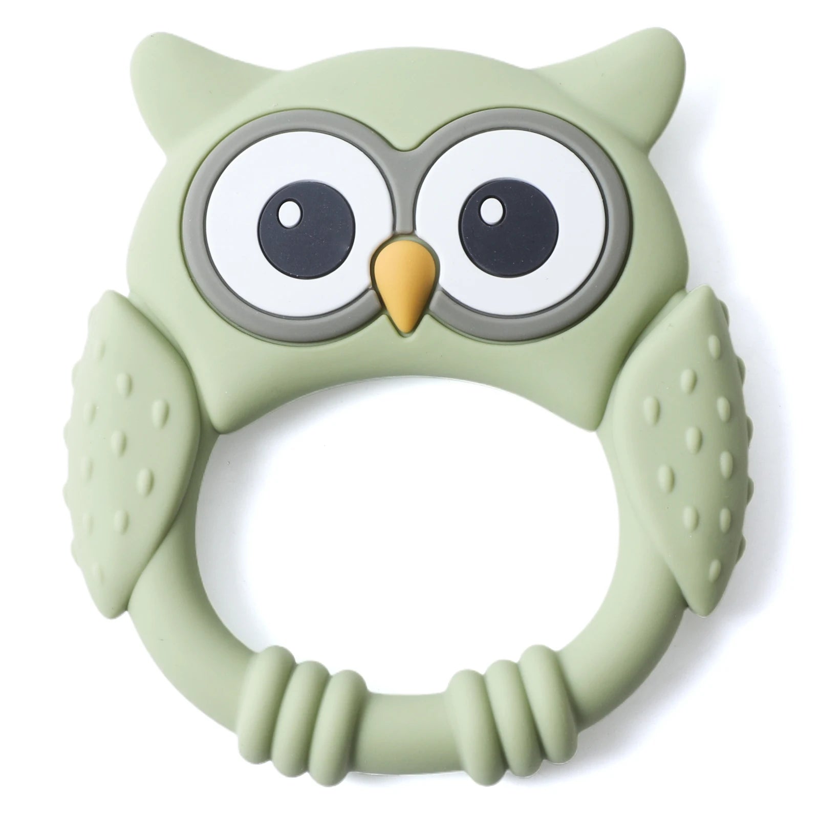 Green owl silicone baby teething ring for soothing sore gums.