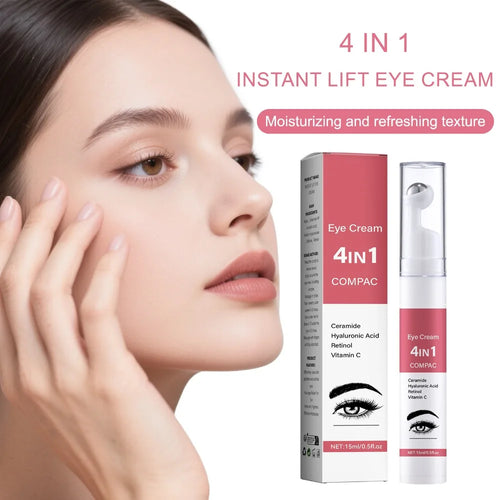 4-in-1 eye cream packaging shown with a clear applicator pump tube