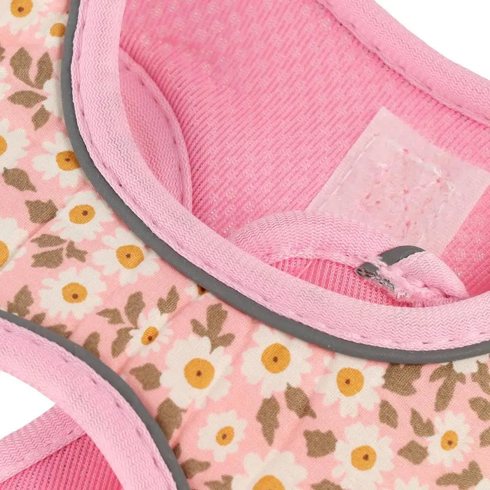 Pink floral anti-escape pet harness with reflective trim and breathable mesh for small dogs and cats.