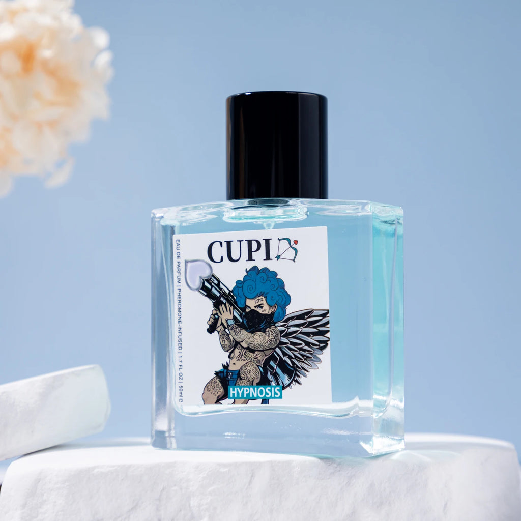 Cupid Hypnosis 2.0 Pheromone Cologne for Men: 50ml EDP in a square glass bottle with black cap on a white pedestal.
