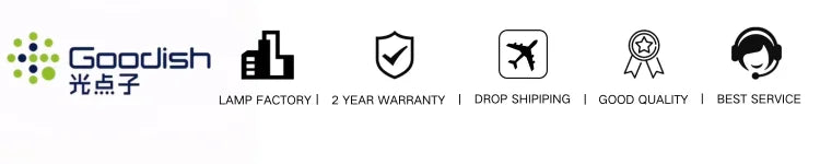 Company service icons for factory, 2-year warranty, drop shipping, quality assurance, and customer support.