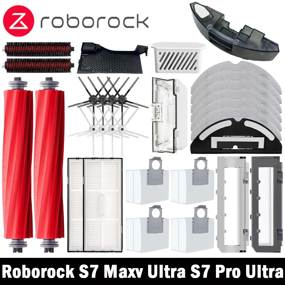 Tidesmit replacement accessory kit for Roborock S7 MaxV Ultra featuring main brush, side brush, mop, filter, dust bag
