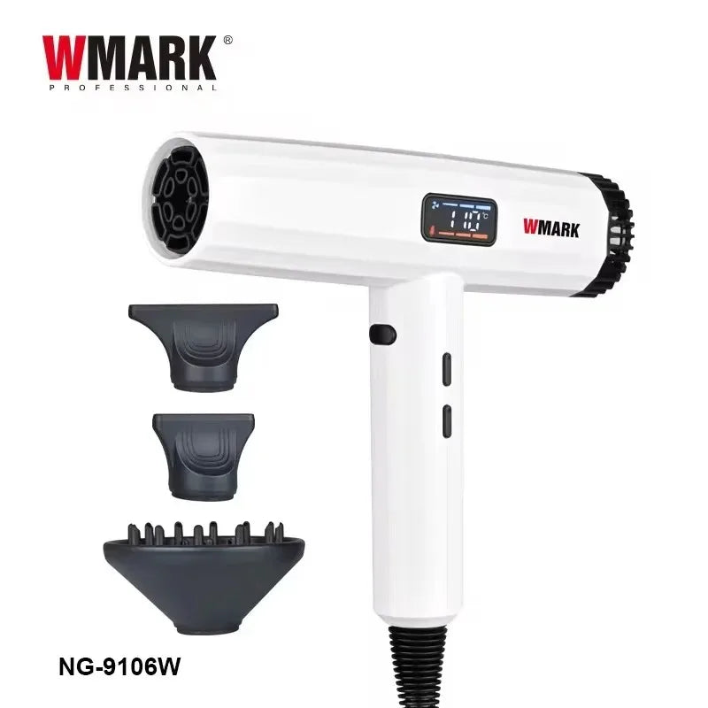 WMARK NG-9106W white professional negative ion hair dryer with digital display and three styling nozzle attachments.