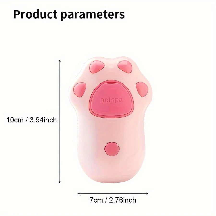 Pink 3-in-1 electric steam pet grooming brush for cat and dog hair removal and massage, 10x7cm paw design.