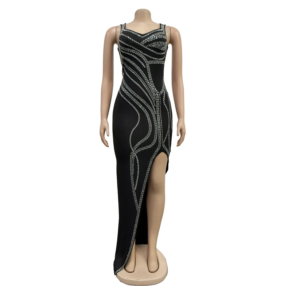 HBLL Women Dresses for Special Occasions Sexy Rhinestone Cocktail Floor Length Long Maxi Dress Evening Party Birthday Dresses