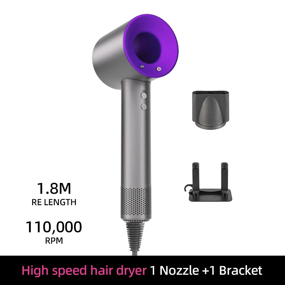 Portable purple and grey bladeless negative ion hair dryer with 110,000 RPM, nozzle attachment, and wall bracket.