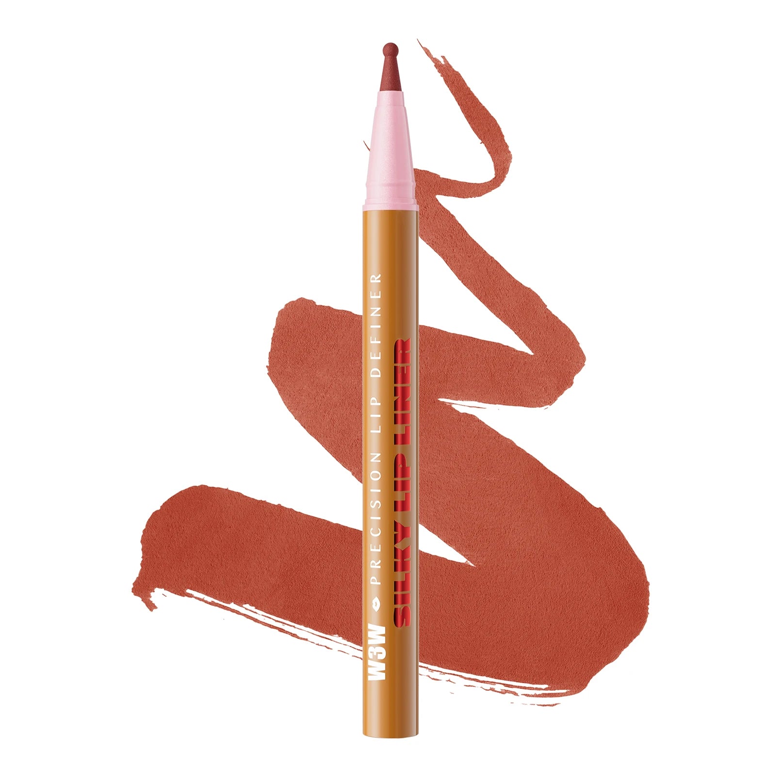 Waterproof liquid matte lip liner pencil in a deep terracotta shade with a silky smooth pigment swatch.
