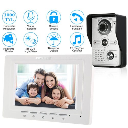 7-inch wired video door phone indoor monitor with outdoor intercom camera unit, two-way audio.
