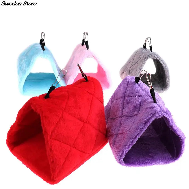 Soft plush hanging pet hammock for hamsters, birds, and small animals. Warm, cozy bed in assorted colors.