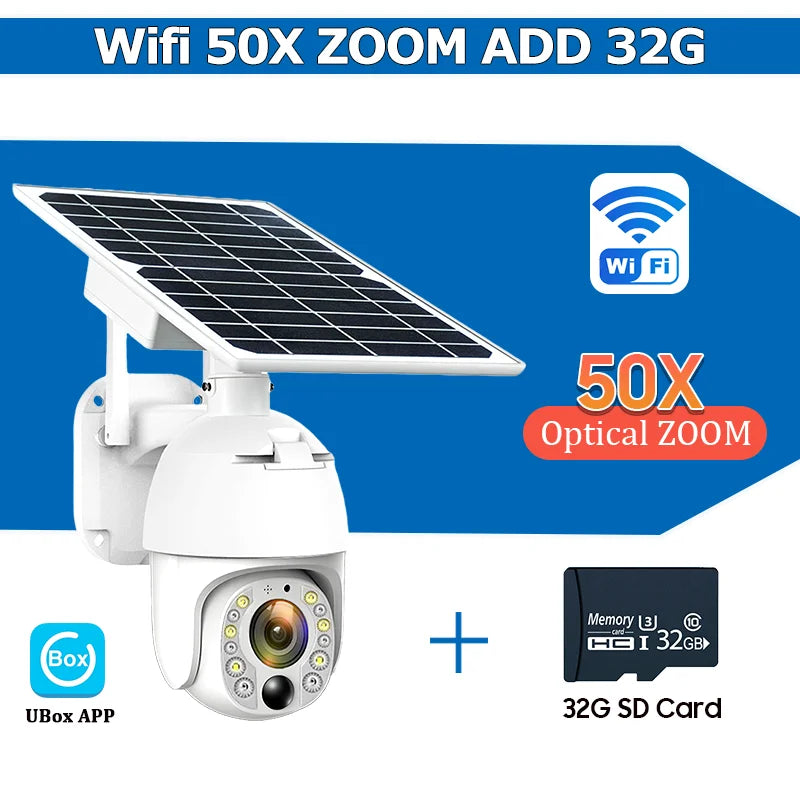 White WiFi solar PTZ security camera with 50x optical zoom and 32GB SD card