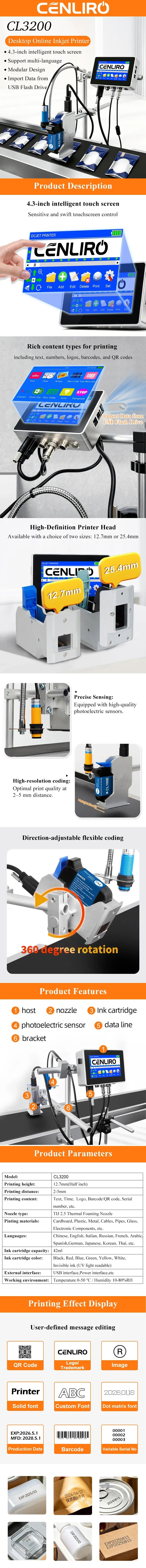 Cenliro CL3200 12.7/25.4mm Industrial Online Inkjet Printer with 4.3'' Screen for QR Barcode Batch Number Logo Date Coding