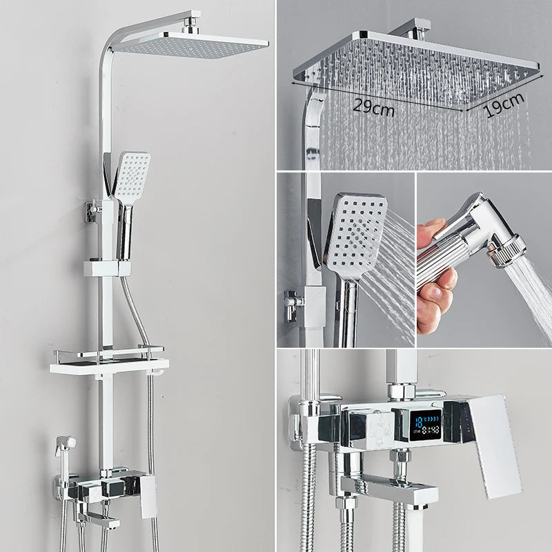 4 Ways Digital Display Shower Faucet Bathroom Thermostatic/Hot Cold Rainfall Shower Head Brass Rotate Mixers Bidet Faucet