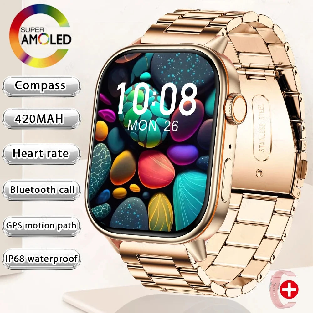 Gold metal bracelet smartwatch with AMOLED display, compass and health callout icons