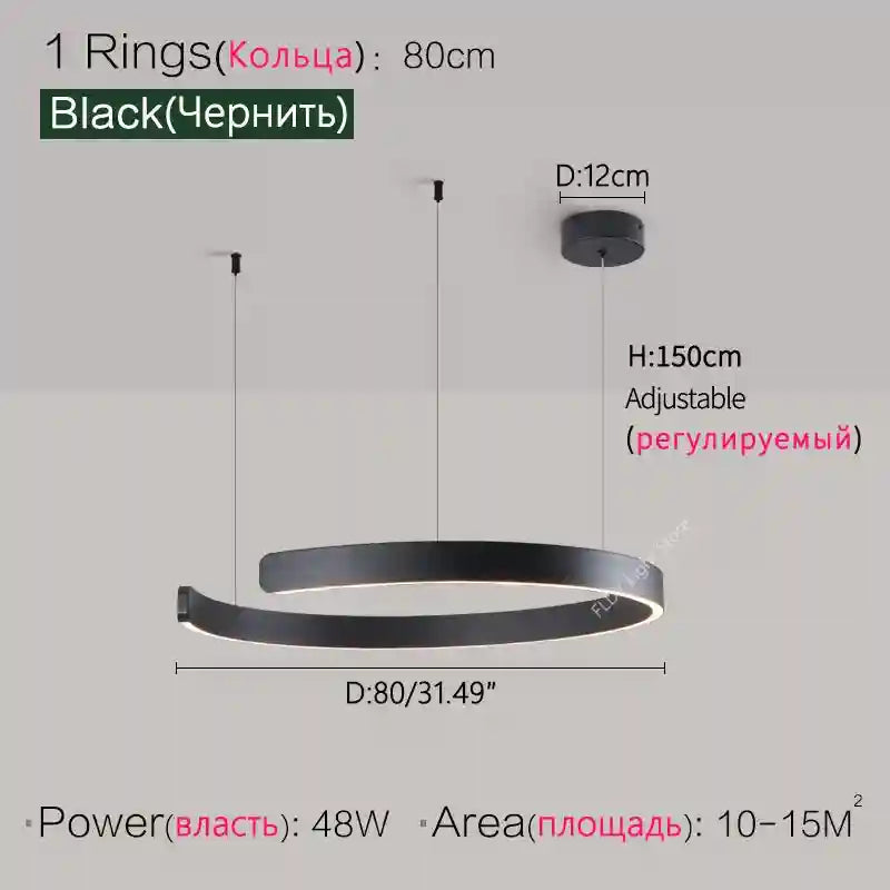 Modern 3-Ring LED Chandelier - Adjustable Dimmable Black Finish Black 80cm Tidesmit