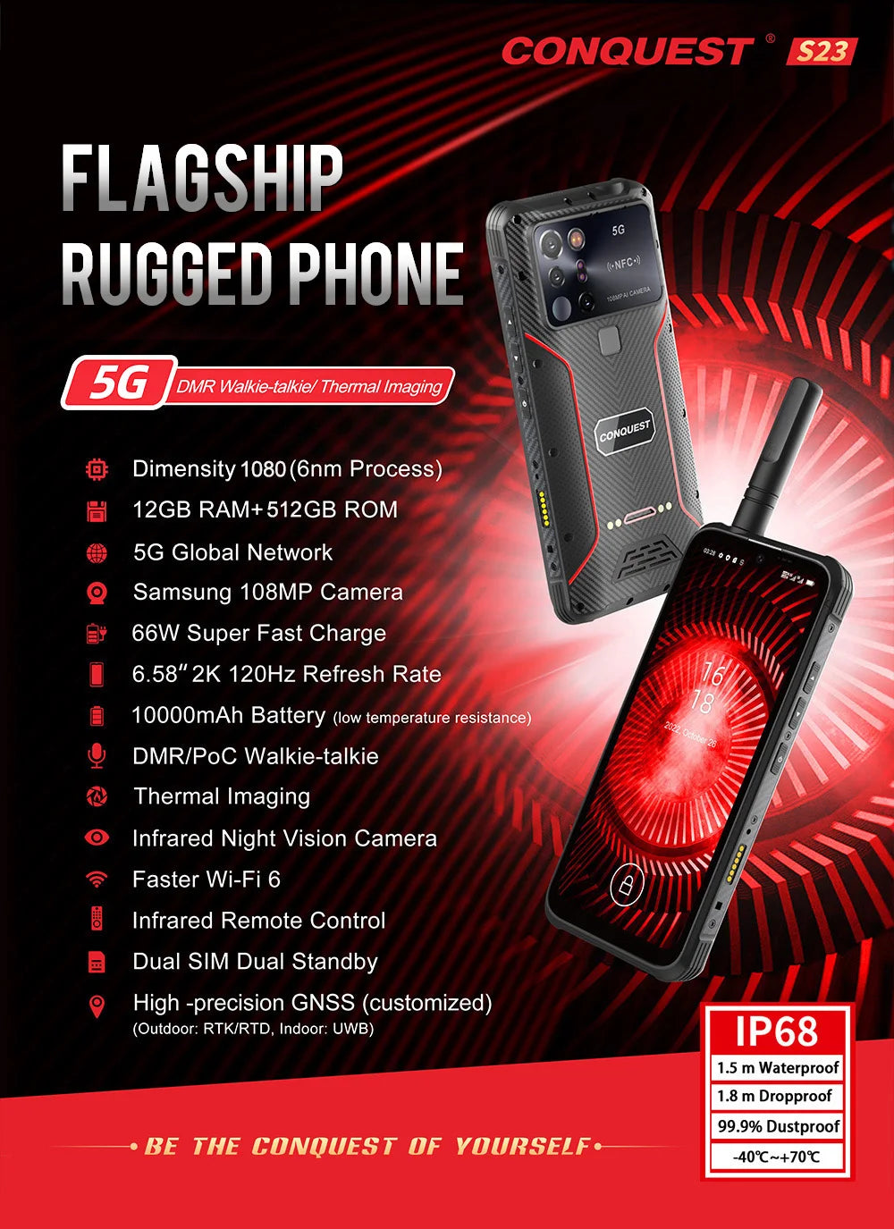 CONQUEST 5G Smartphone Network108MP Camera 12GB 512GB 66W Thermal Imaging  IP68 Waterproof NFC