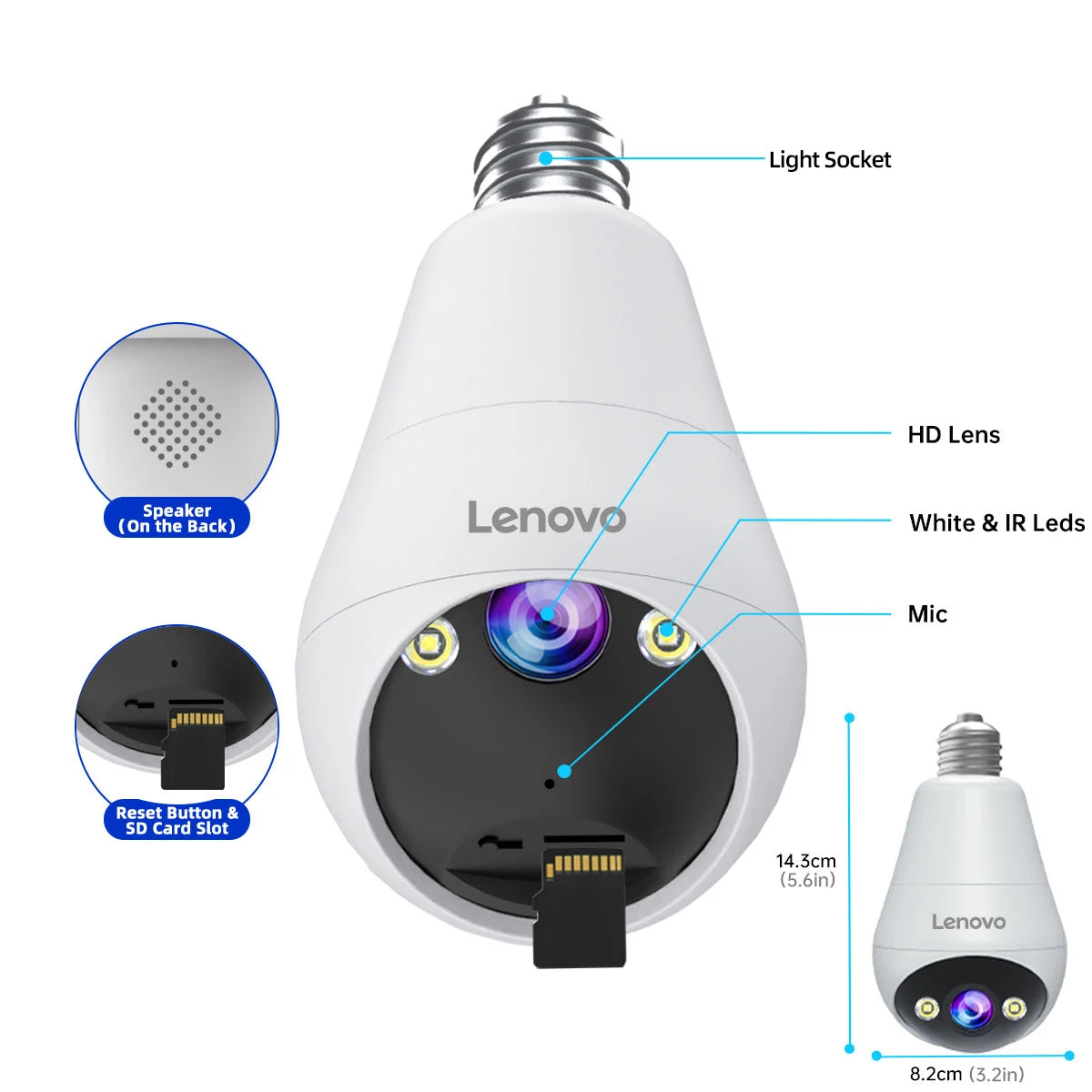 Lenovo 2K E27 Bulb WiFi Camera Home Indoor Video Surveillance Camera Color Night AI Tracking Security PTZ IP Camera Baby Monitor